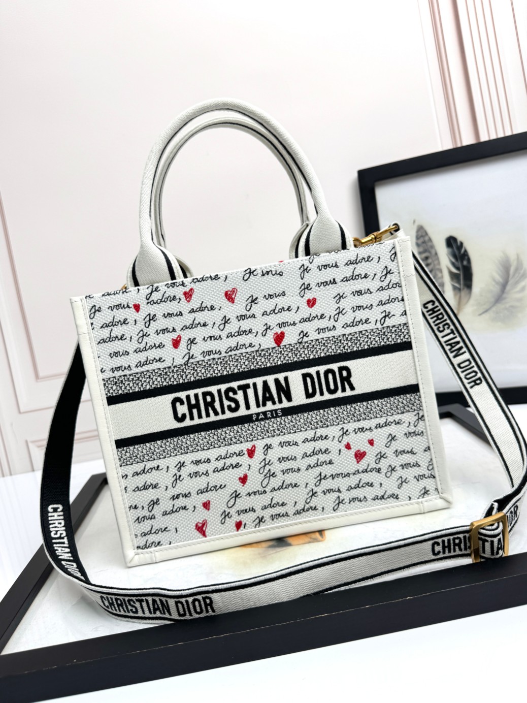 Small Dior Book Tote Bag White Embroidery with Black and Red Je Vous Adore Motif and White Calfskin